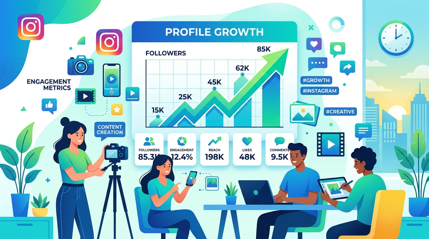 Instagram profile growth illustration showing engagement increase and follower growth strategies